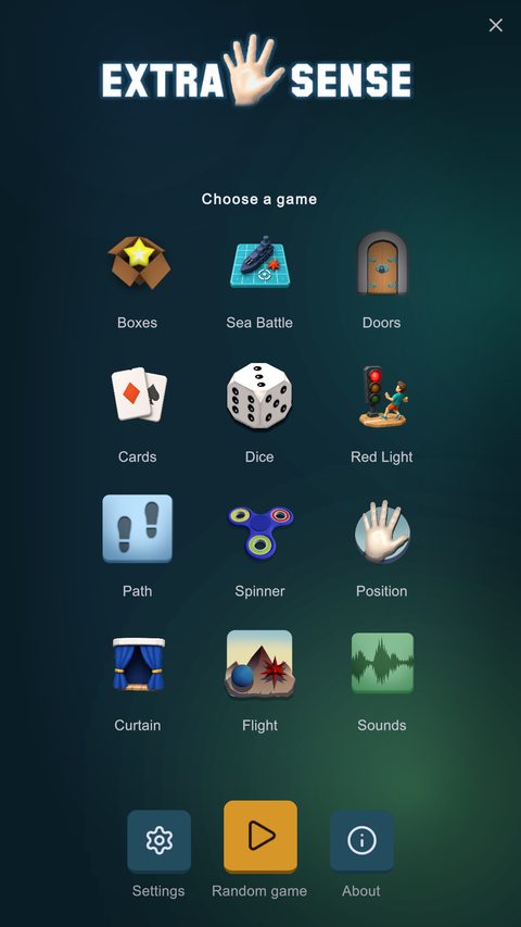 ExtraSense main menu with the catalogue of games
